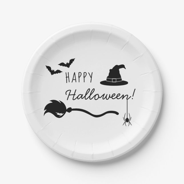 Witch Hat And Broom With Spider And Bats Halloween Paper Plate (Front)