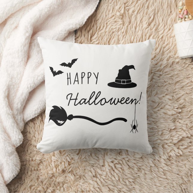 Witch Hat And Broom With Spider And Bats Halloween Throw Pillow (Blanket)
