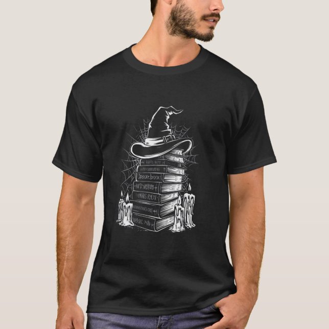 Witch Hat and Spooky Books Stack Halloween  T-Shirt (Front)