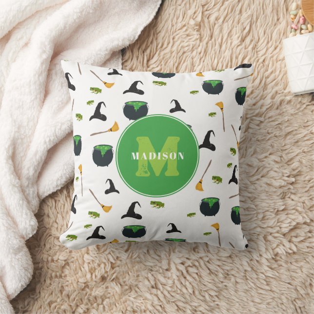 Witch Hat Broom Cauldron Halloween Monogram Throw Pillow (Blanket)