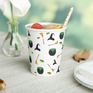 Witch Hat Broom Cauldron Halloween Pattern Paper Cups