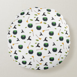 Witch Hat Broom Cauldron Halloween Pattern Round Pillow