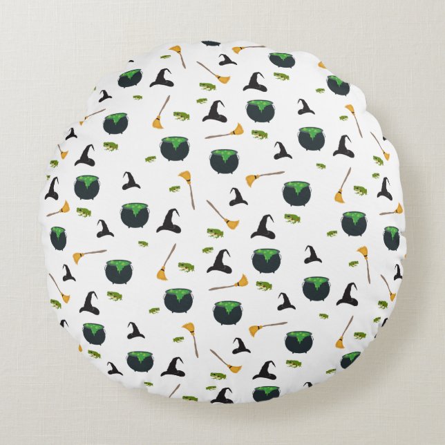 Witch Hat Broom Cauldron Halloween Pattern Round Pillow (Front)