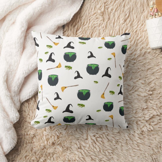 Witch Hat Broom Cauldron Halloween Pattern Throw Pillow (Blanket)