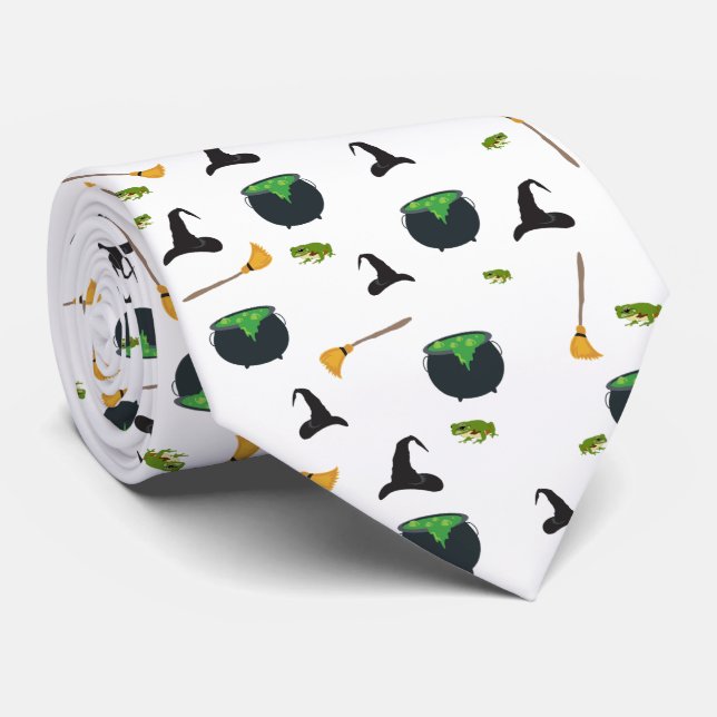 Witch Hat Broom Cauldron Halloween Pattern Tie (Rolled)