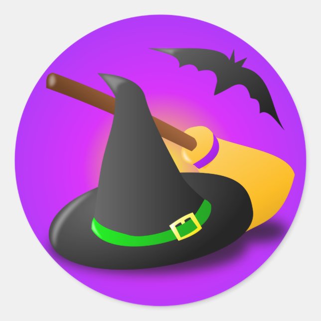 Witch Hat Broom Purple Gradient Classic Round Sticker (Front)
