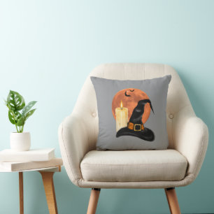 Witch Hat & Candle Under the Orange Moon Halloween Throw Pillow