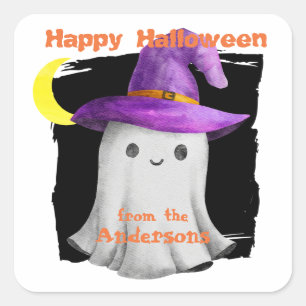 Witch Hat Happy Ghost Kids Halloween Square Sticker