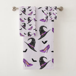 Witch Hat Lilac Heels With Bats Halloween Pattern Bath Towel Set