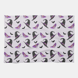 Witch Hat Lilac Heels With Bats Halloween Pattern Kitchen Towel