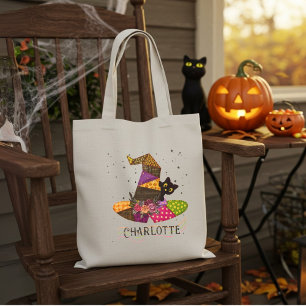 Witch Hat Patch Quilt Halloween Name Tote Bag