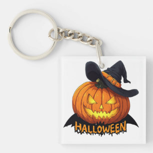 Witch Hat Pumpkin Halloween Text Scene 🎃 Keychain