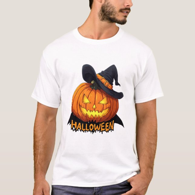 Witch Hat Pumpkin Halloween Text Scene 🎃 T-Shirt (Front)