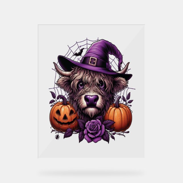 Witch Highland Halloween Cow Acrylic Sign (Front)
