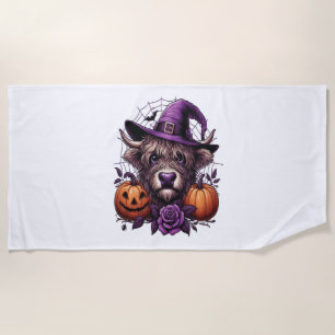 Witch Highland Halloween Cow Beach Towel