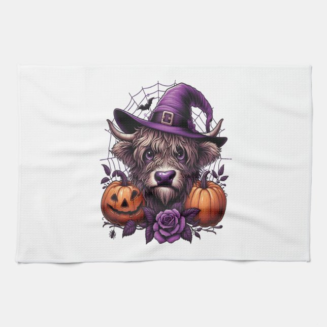 Witch Highland Halloween Cow Kitchen Towel (Horizontal)