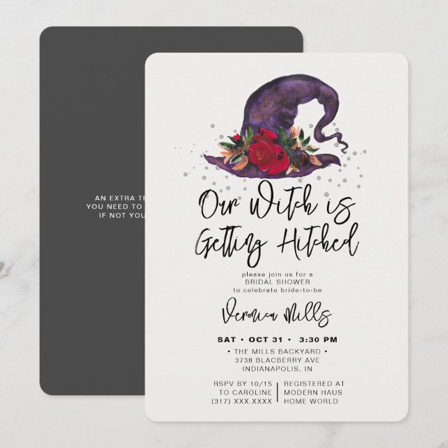 Witch Hitched Grey Halloween Bridal Shower Invitation (Front/Back)