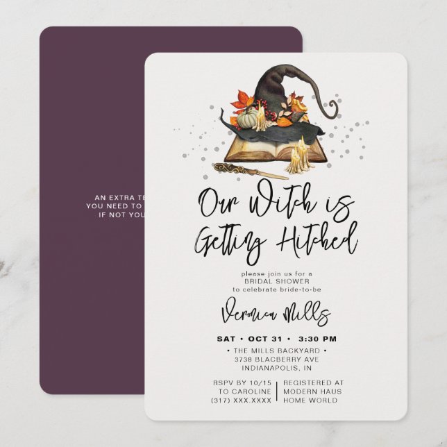 Witch Hitched Purple Halloween Bridal Shower Invitation (Front/Back)