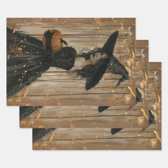 Witch Holding a Pumpkin Decoupage Wrapping Paper Sheet (Set)