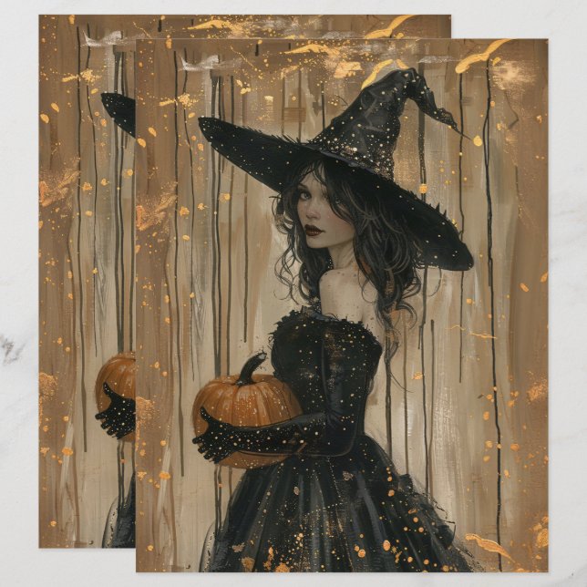 Witch Holding a Pumpkin Scrapbook Paper (Front/Back)