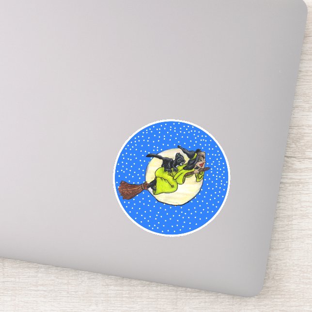 Witch Holding Hat Flying Past Moon on Broom Cat (Detail)