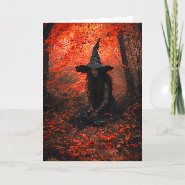 Witch in a Crimson Forest Halloween Holiday Card (Front)