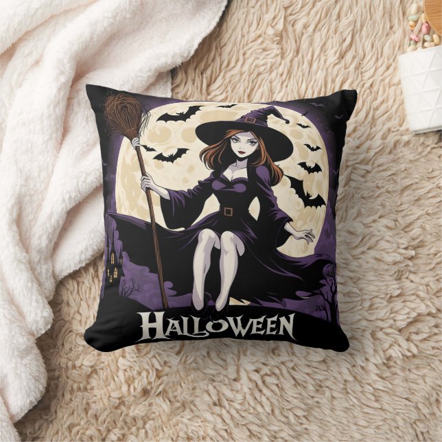Witch in a spooky landscape under a full moon throw pillow (Blanket)