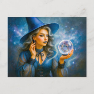 Witch in blue with crystal ball holiday postcard