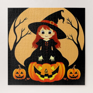 Witch in Halloween Setting with Pumpkins Jigsaw Puzzle