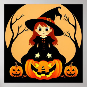 Witch in Halloween Setting with Pumpkins Poster