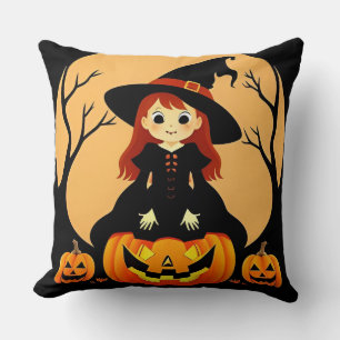 Witch in Halloween Setting with Pumpkins Throw Pillow