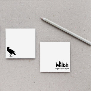 Witch in hand-lettered black ink saying post-it notes