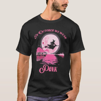 Witch In October We Wear Pink Halloween Moon Guita T-Shirt
