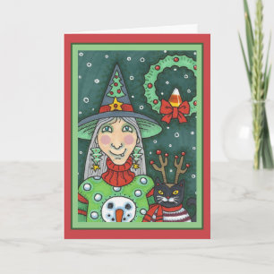 WITCH IN SNOWMAN SWEATER, BLACK CAT XMAS HALLOWEEN CARD