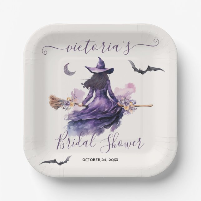 Witch is getting Hitched Halloween Bridal Shower Paper Plate (Front)