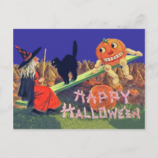 Witch is playing with pumpkins on Halloween night Postcard