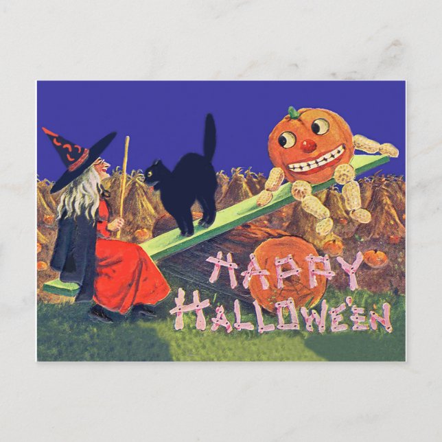 Witch is playing with pumpkins on Halloween night Postcard (Front)