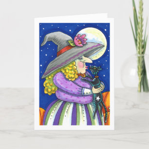 WITCH IS SMITTEN WITH KITTEN, BLACK CAT KISS Verse Holiday Card