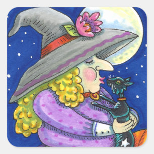 WITCH IS SMITTEN WITH KITTEN, BLACK CAT KISSES SQUARE STICKER