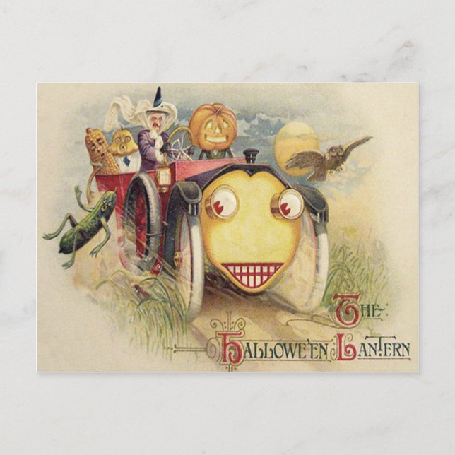 Witch Jack O Lantern Car Owl Full Moon Postcard (Front)