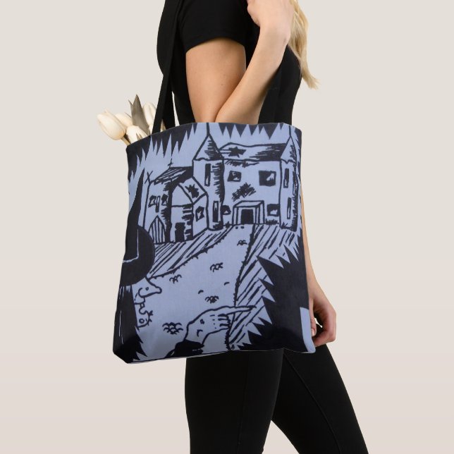 witch knarled hand haunted house trick or treat to tote bag (Close Up)