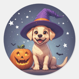 Witch  Labrador Puppy Beside Pumpkin Halloween 🎃 Classic Round Sticker