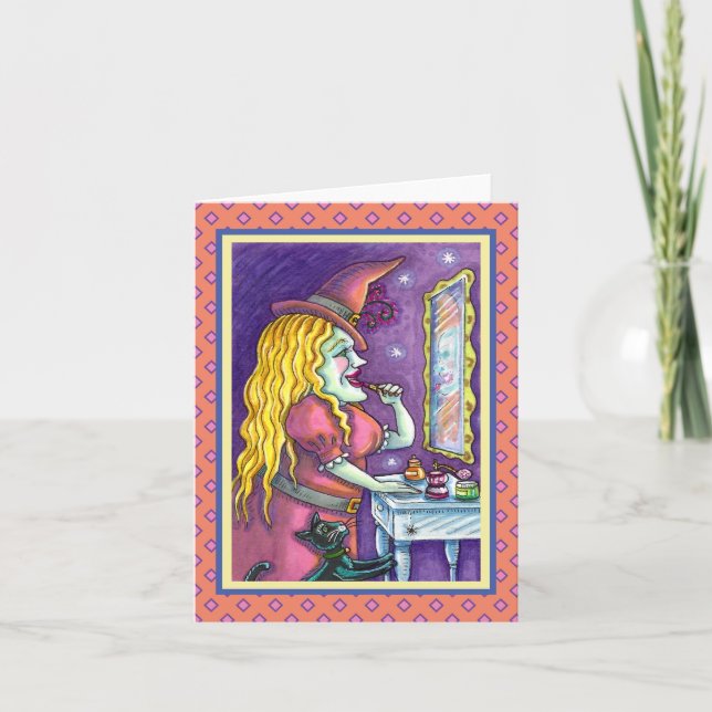 WITCH LIPSTICK, PERFUME & NAIL POLISH, FUNNY Blank Holiday Card (Front)