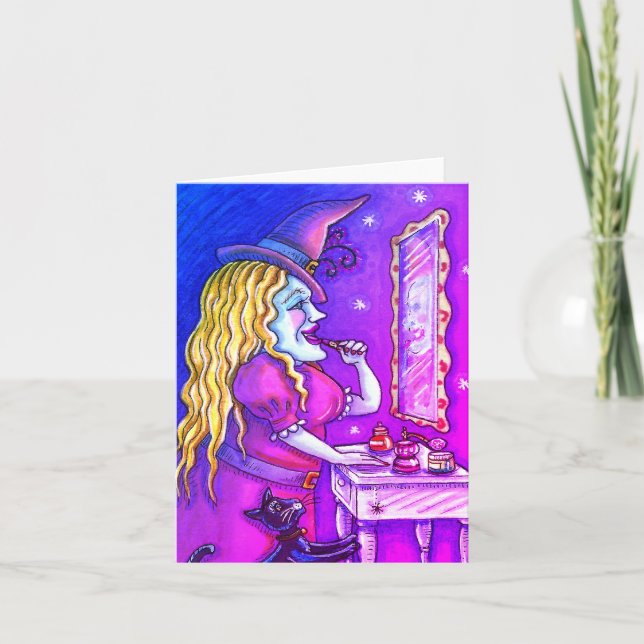 WITCH LIPSTICK, PERFUME & NAIL POLISH, FUNNY Blank Holiday Card (Front)