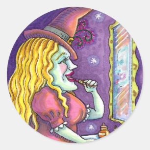WITCH LIPSTICK, PERFUME & NAIL POLISH, FUNNY CUTE CLASSIC ROUND STICKER