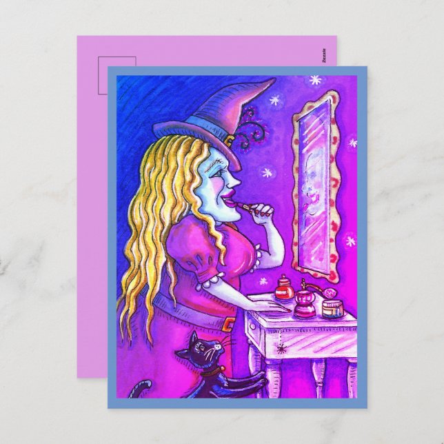 WITCH LIPSTICK, PERFUME & NAIL POLISH, FUNNY CUTE HOLIDAY POSTCARD (Front/Back)