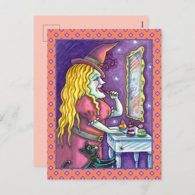 WITCH LIPSTICK, PERFUME & NAIL POLISH, FUNNY CUTE HOLIDAY POSTCARD (Front/Back)