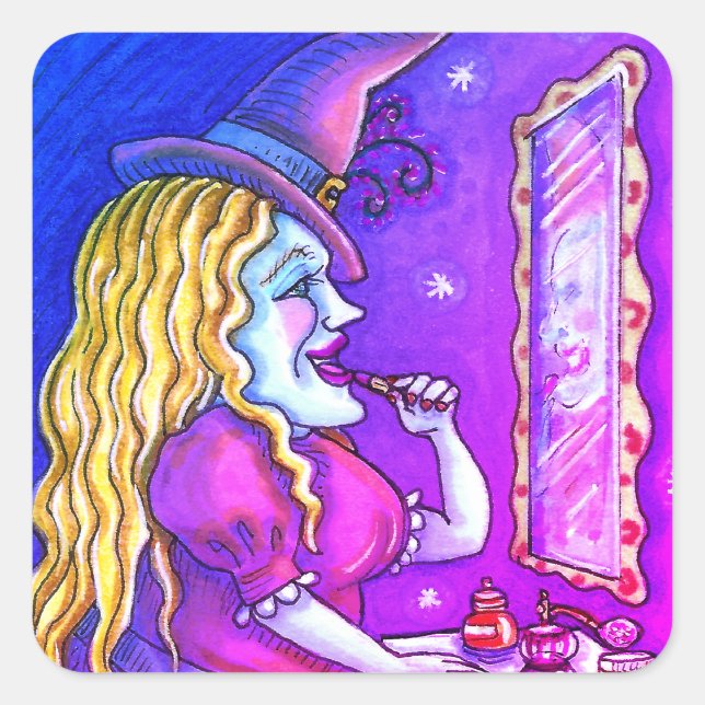 WITCH LIPSTICK, PERFUME & NAIL POLISH, FUNNY CUTE SQUARE STICKER (Front)