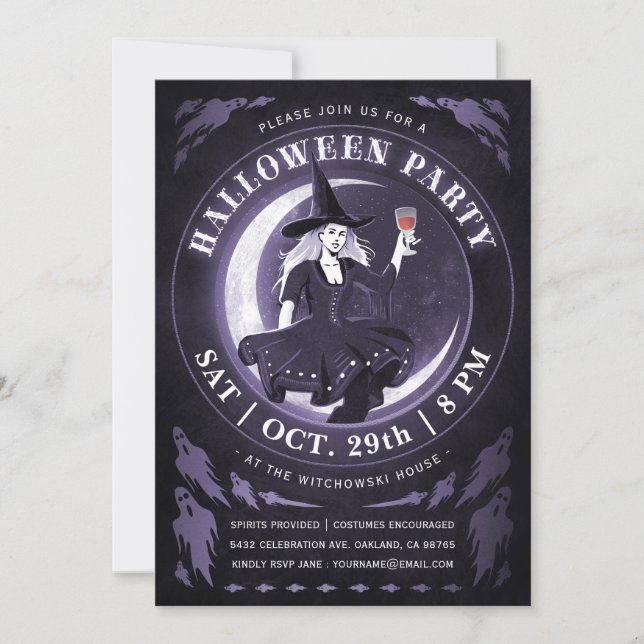 Witch & Moon Halloween Invitations | Purple (Front)