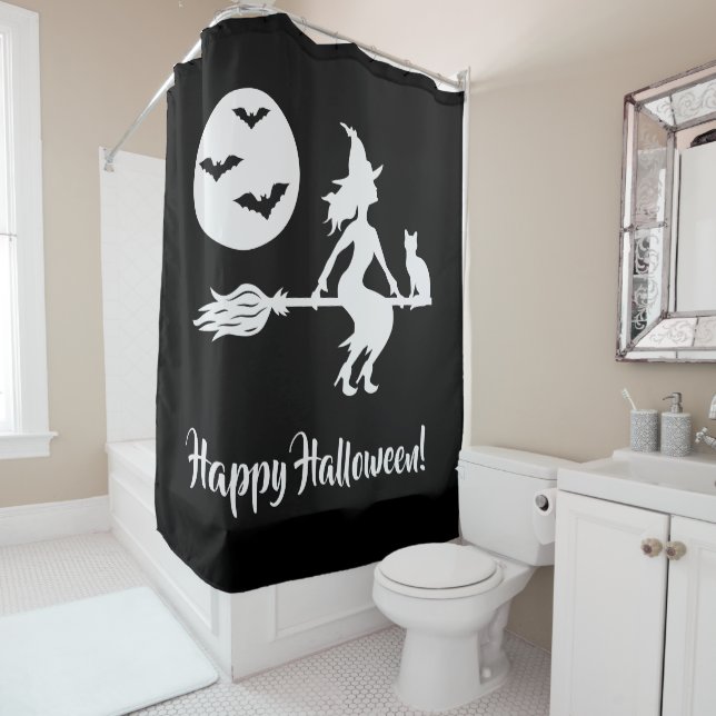 Witch On A Broom Black And White Happy Halloween (In Situ)